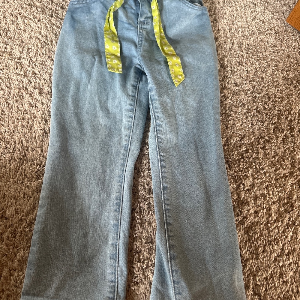 Matilda Jane Girls Jeans With Green Flower Tie and Snap Button